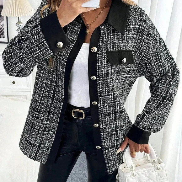 Dark Grey Elegant Women's Plaid Drop Shoulder Long Sleeve Single-Breasted Coat - Picture 4 of 7